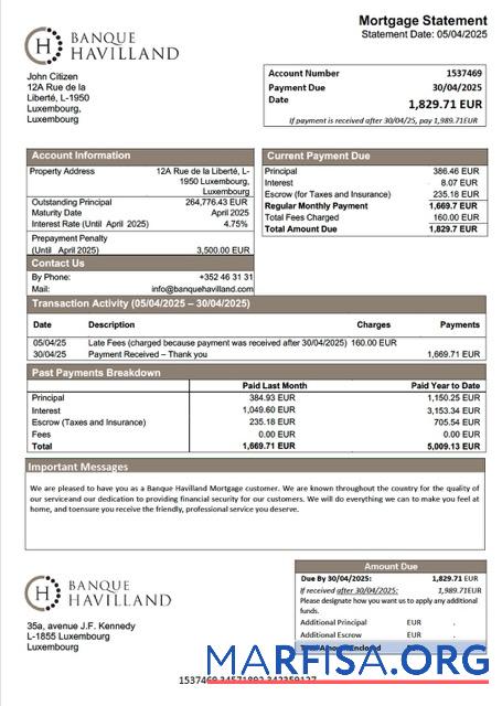 Realistic Luxembourg Banque Havilland mortgage statement Word and PDF template